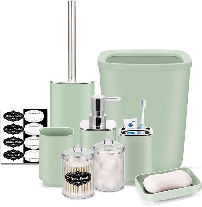 IMAVO Bathroom Accessories Set,Green Bathroom Set,9 Pieces Bathroom Accessory Set,Qtip Holders,Trash Can for Bathroom Décor and Home Gifts
