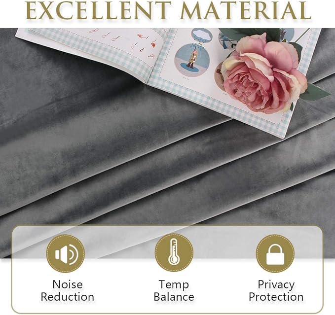 StangH Grey Curtains 105 inches, Back Tab Velvet Blackout Thermal Insulated Curtain Panels, Elegant Heavy Duty Drapes for Living Dining Room/Patio, W52 x L105, 2 Panels