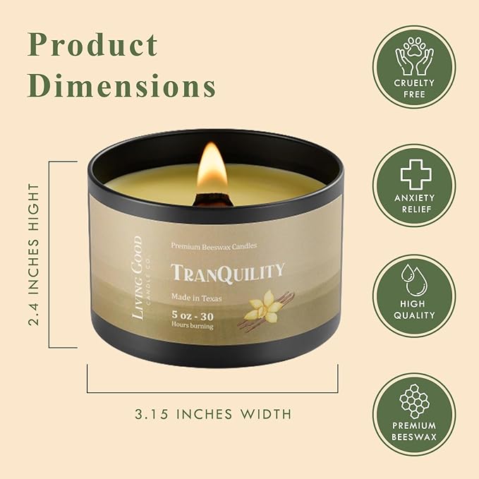 Tranquility Pure Beeswax Candle Tin 30+ Hours Long Burning Classically Designed Non-Toxic Scented Candles for Home Decor and Aromatherapy to Stress & Anxiety Relief with Natural Fragrance - 5 oz