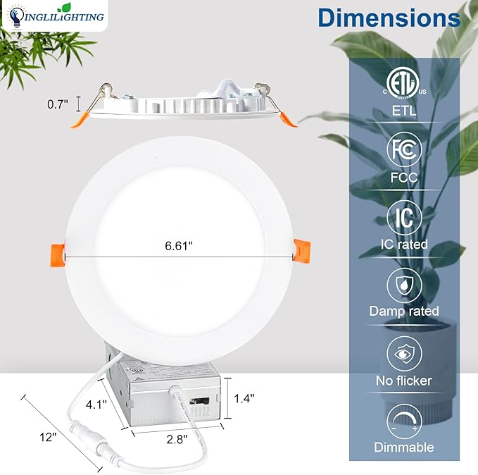 DLLT LED Recessed Ceiling Lights: 12 Pack 6 Inch 5CCT Ultra-Thin Lighting with Junction Box for Bedroom - 1200LM Brightness 12W Eqv 110W Dimmable Canless Wafer Downlight with ETL&FCC