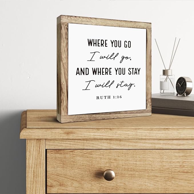 Christian Wood Decor, “Where You Go I Will Go” Ruth 1:16 Scripture Wall Art, Bible Verse Box Plaque 9.8×9.8in, Religious Home and Bedroom Decoration, Faith-Based Gift and Inspirational Decor