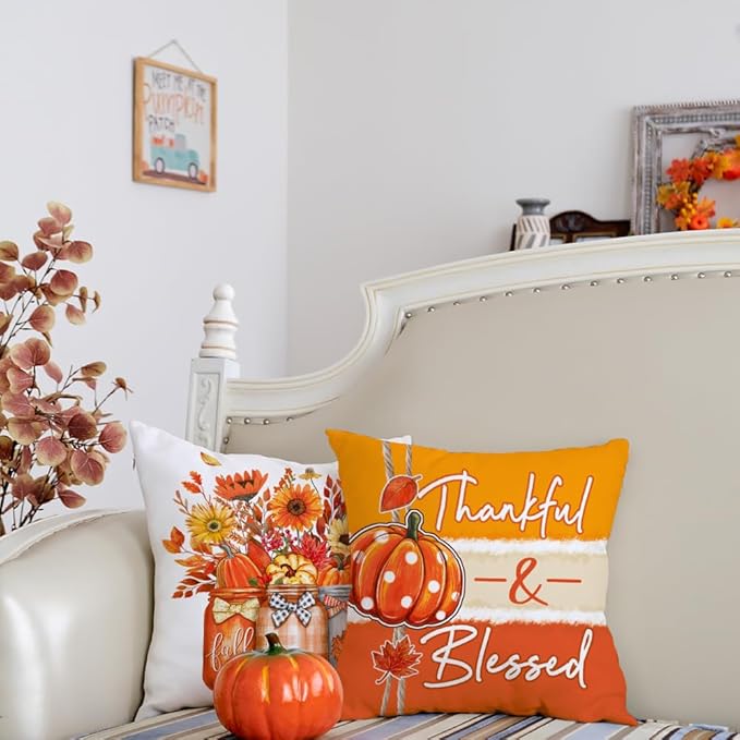 GEEORY Fall Throw Pillow Covers 16x16 Inch Set of 4, Pumpkins Floral Mason Jars Happy Fall Y'all Thankful & Blessed Orange Autumn Seasonal Decorative Farmhouse Decoration for Home G552-16