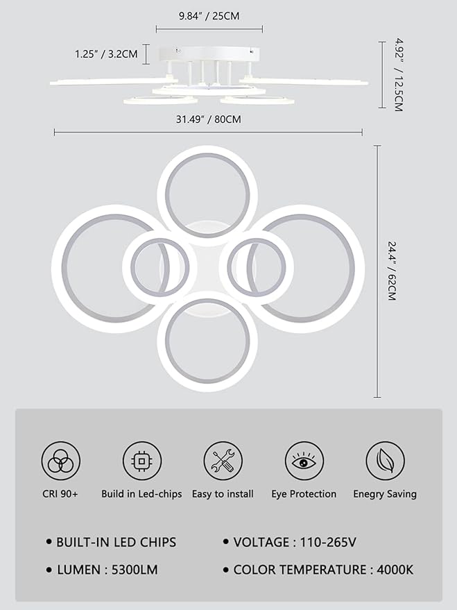 Modern LED Ceiling Light, White 6 Rings Flush Mount Ceiling Light, 4000K Lighting Fixture Ceiling Lamp for Kitchen, Bedroom, Living Room, Laundry Room