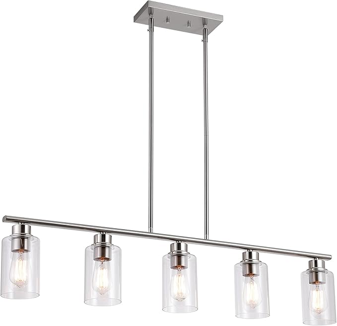 Kitchen Island Light, 5-Light Pendant Lighting, Farmhouse Dining Room Light Fixtures for Kitchen Island Dining Living Room, Brushed Nickel with Clear Glass Shade