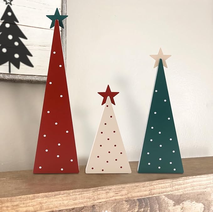 Christmas Decorations-Three Sizes Wooden Tree Sign with Star-Christmas Decorations for Home Shelf Mantel Fireplace Table Party Decor