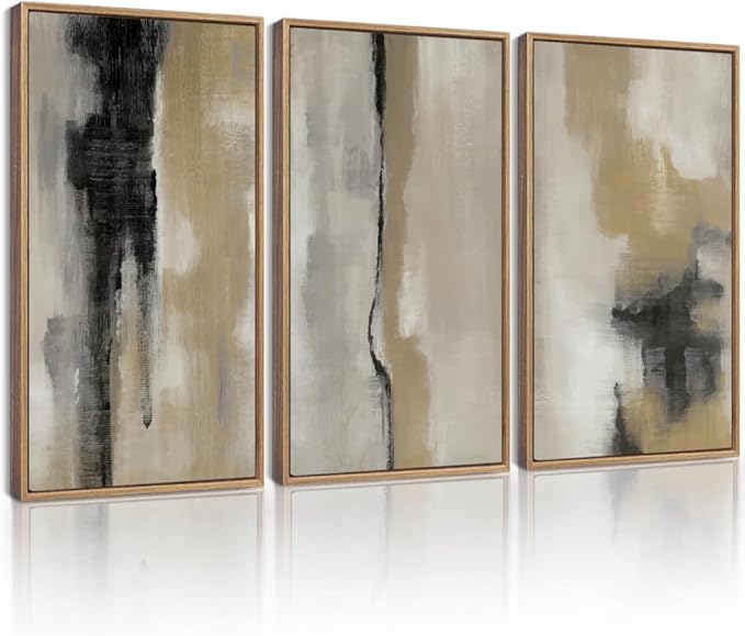KUVIOKE Black Gray Abstract Framed Wall Art Minimalist Modern Neutral Wall Art Decor for Living Room Hallway Bedroom Ready to Hang 16x24in (Natural Framed)
