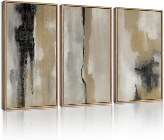 KUVIOKE Black Gray Abstract Framed Wall Art Minimalist Modern Neutral Wall Art Decor for Living Room Hallway Bedroom Ready to Hang 16x24in (Natural Framed)