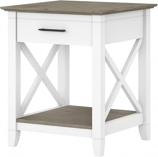 Bush Furniture Key West Small End Table with Storage | Modern Farmhouse Accent Shelf for Living Room in Pure White and Shiplap Gray