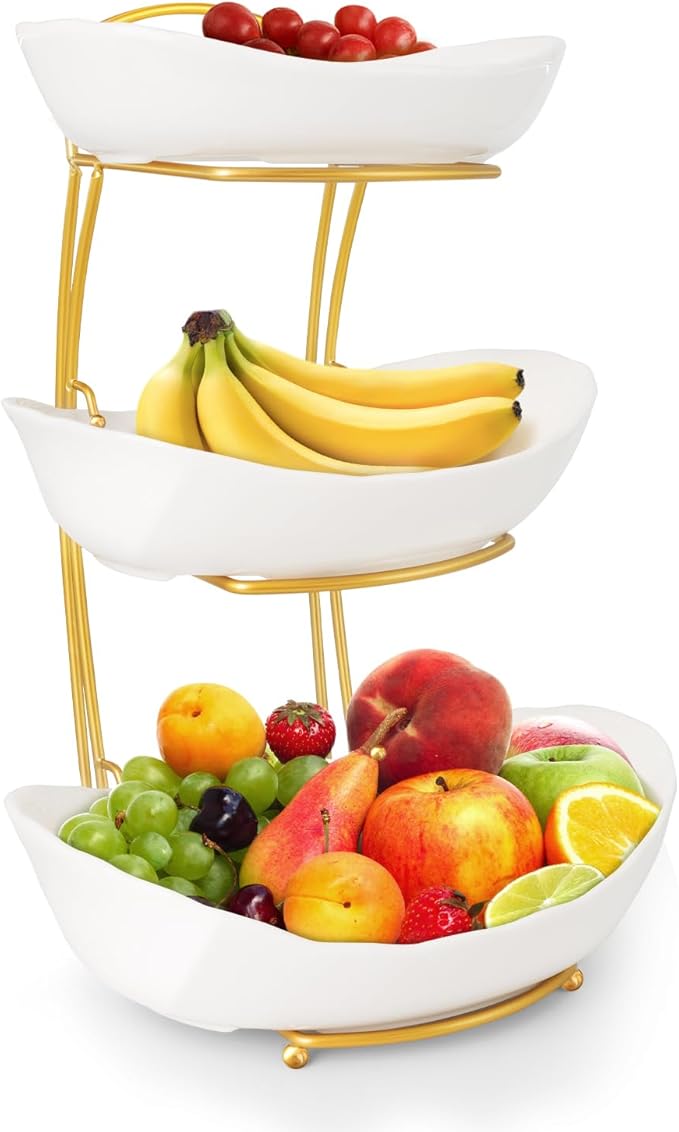 3 Tier Fruit Bowls for Kitchen Counter, White Ceramic Serving Bowls with Gold Metal Stand, Tiered Fruit Basket Display Rack for Fruits Vegetable Snack Nuts Cake Dessert Storage