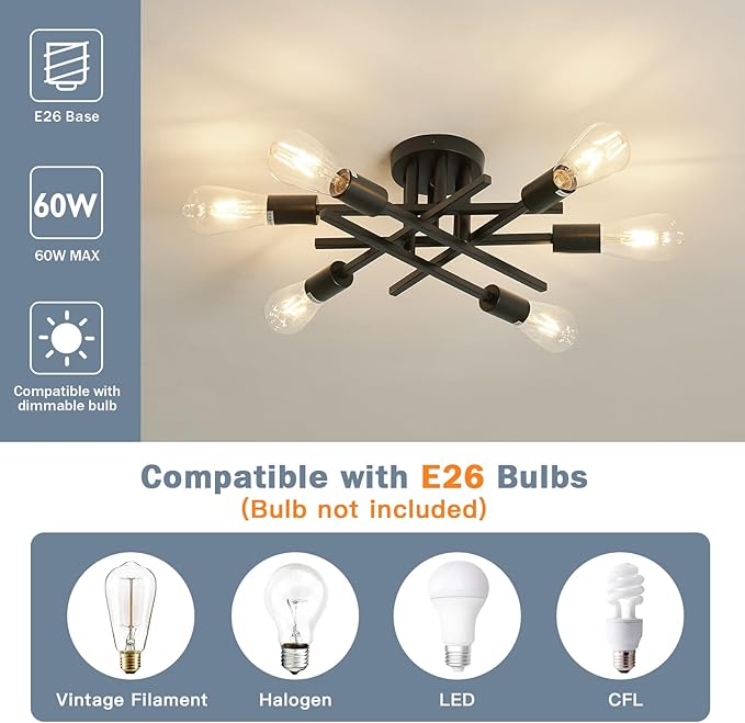 ASGYISA 6-Lights Semi Flush Mount Ceiling Light Fixture 2-Pack Black Vintage Matte Sputnik Chandelier Ceiling Lamp for Farmhouse Dining Room Living Room Bedroom Kitchen Entryway