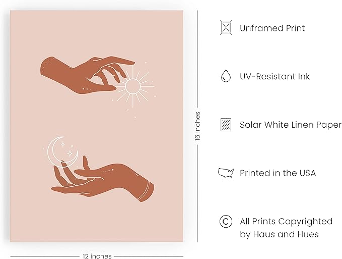 HAUS AND HUES Sun and Moon Art Astrology Posters - Spiritual Wall Art and Celestial Wall Decor Astrology Room Decor Posters Spiritual Boho Prints Tarot Wall Art Bohemian Prints UNFRAMED 12"x16"