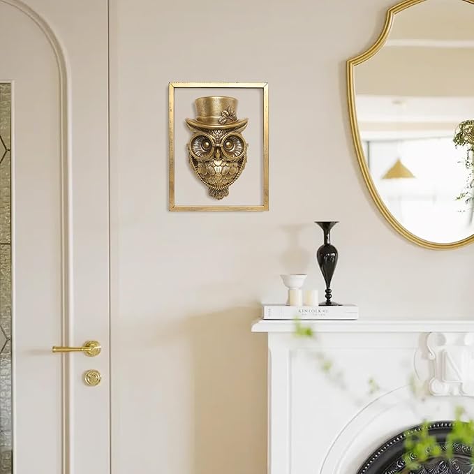 Animal Heads Wall Decor (Includes Metal Frame) Halloween Resin Animals Sculptures Head Wall Hanging Decoration Gold vintage Wall Sculpture for Living Room Bedroom Office(Owl)