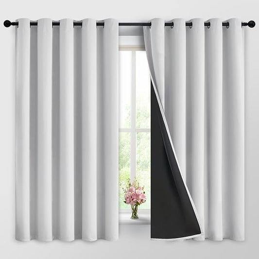 Yakamok 100% Blackout Curtains 63 Inches Long, 2 Thick Layers Heat and Full Light Blocking Soft Thermal Insulated Drapes for Bedroom(62" Wide Each Panel, Greyish White, 2 Panels)