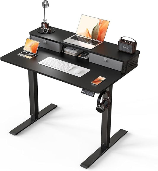 Electric Standing Desk with 2 Drawers 40''x 24'' Small Adjustable Height Sit to Stand Up Desk with Storage Shelf, C-Clamp Mount Compatible Black Home Office Desks Computer Desk Ergonomic Workstation