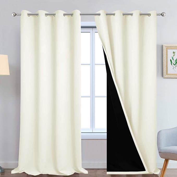 Yakamok 100% Blackout Window Curtain Panels, Heat and Full Light Blocking Drapes with Black Liner for Nursery, 108 inches Drop Thermal Insulated Draperies (Cream, 2 Pieces, 52 Inch Width)