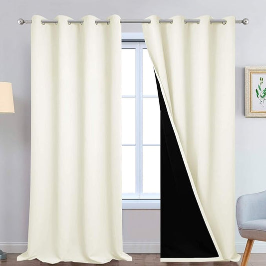 Yakamok 100% Blackout Window Curtain Panels, Heat and Full Light Blocking Drapes with Black Liner for Nursery, 108 inches Drop Thermal Insulated Draperies (Cream, 2 Pieces, 52 Inch Width)