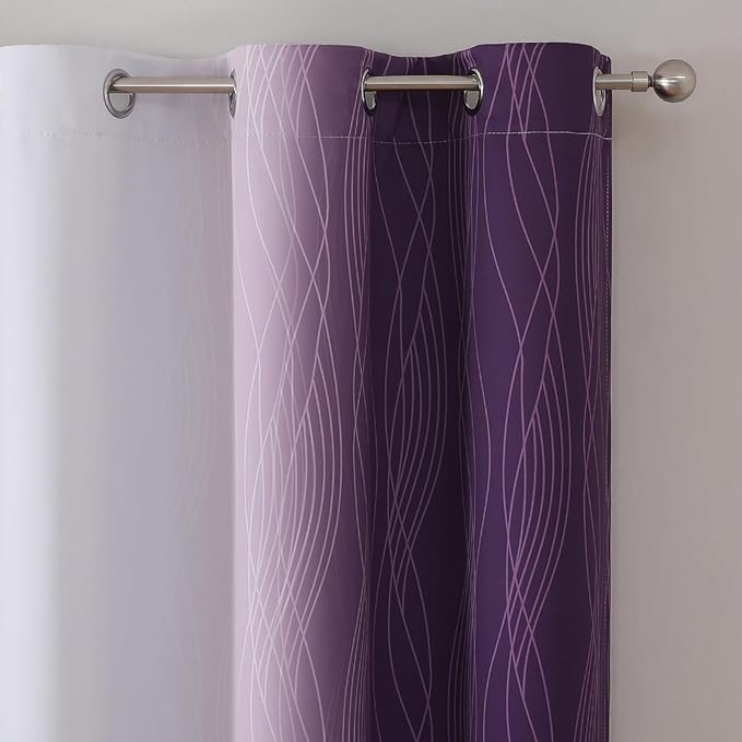 Estelar Textiler Purple and Greyish White Ombre Blackout Curtains 54 Inch Length 2 Panels, Full Room Darkening Gradient Drapes for Kitchen,Thermal Insulated Grommet Short Curtains for Bathroom,42Wx54L
