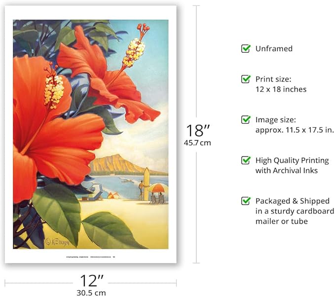Hibiscus Beach Day - Waikiki Beach - Red Hibiscus - Vintage Hawaiian Travel Poster by Kerne Erickson - Master Art Print (Unframed) 12in x 18in