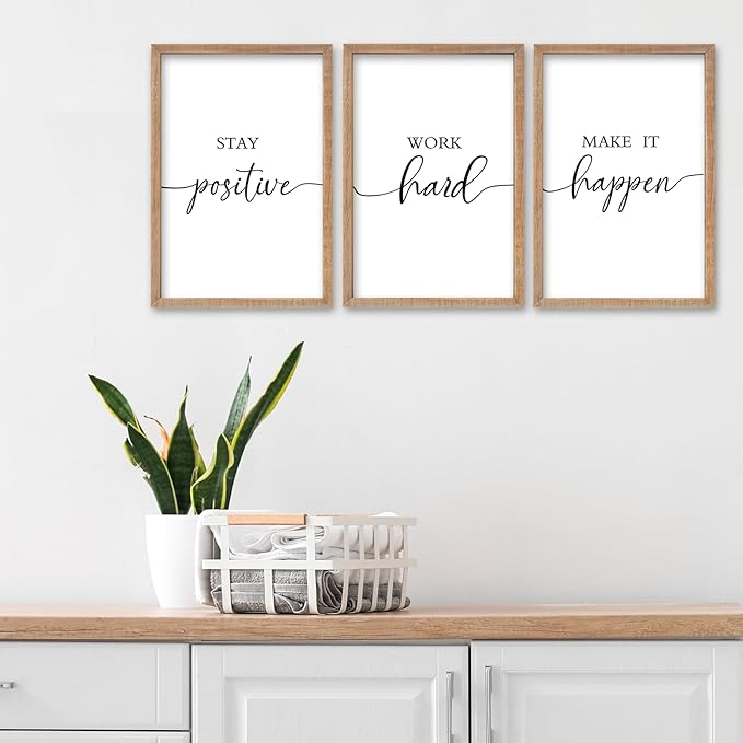 SRSZHIYUE Office Motivational Decor 16"×11" Set of 3 Stay Positive Work Hard Make It Happen Inspirational Quotes Wooden Framed Wall Hanging Art (Wood)