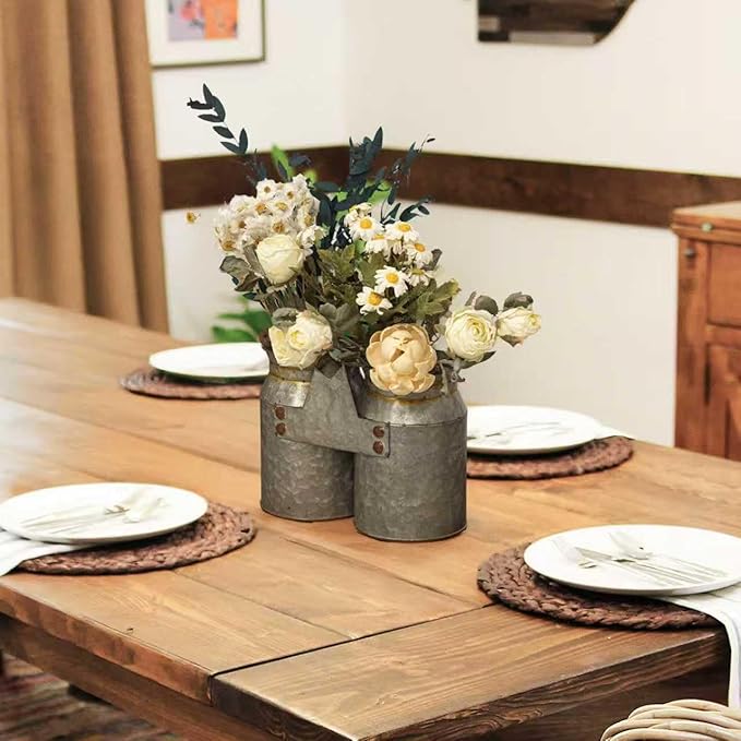 Set of 2 Rustic Galvanized Metal Planters, Flower Vases for Dried Flowers or Succulents, Farmhouse French Country Buckets for Wedding, Office, Home Decor, 8x4x6.75 Inch