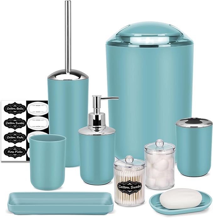 IMAVO Bathroom Accessories Set,Blue Bathroom Set,9 Pieces Bathroom Accessory Set,Tray,Qtip Holders,Toilet Brush,Trash Can for Bathroom Décor and Home Gifts