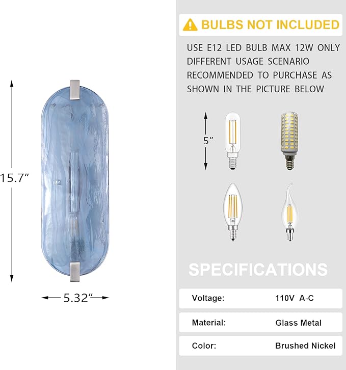 2 Pack 2 Light Oval Blue Glass Bathroom Wall Sconce Modern Concise Style Wall Light Fixture,Brushed Nickel Finish for Bedroom Hallway Bedside