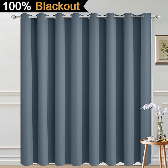 Yakamok Total Blackout Extra Wide Patio Sliding Door Curtains, Grommet Thermal Insulated Blind Curtains, Sliding Glass Door Panel for Living Room/Space Room Divider, Stone Blue, W100 x L84, 1 Panel