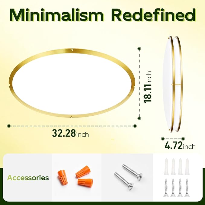 hykolity 32 Inch Oval LED Ceiling Light, 60W, 4000LM, 2700K/3000K/3500K/4000K/5000K Adjustable, Gold Finish Dimmable Flushmount Ceiling Light for Bedroom, Living Room