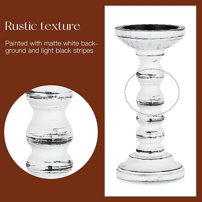 Wood Candle Holders for Pillar: Rustic Candles Holder Set of 3 Tall Table Centerpiece Decor Wooden White Farmhouse Decorations for Fireplace Mantle