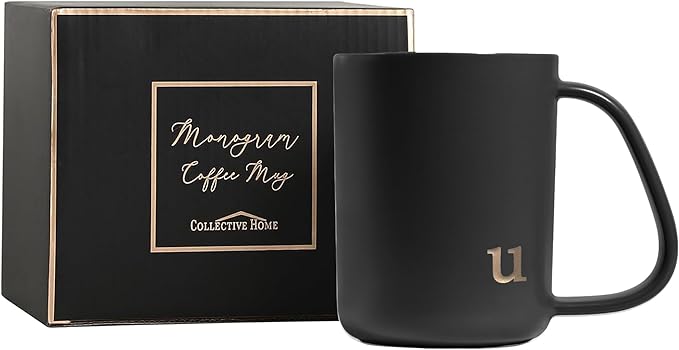 COLLECTIVE HOME - Ergonomic Handle Ceramic Mug, 15 oz Personalized Coffee Cup with Golden Initial, Microwave & Dishwasher Safe, Elegant Monogram Tea Mug in Gift Box for Home & Office (Black-u)