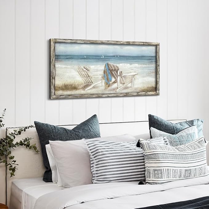 Coastal Abstract Seascape Canvas Wall Art Beach Chair on Sand Painting Artwork Print for Bedroom Living Room(40"*20")