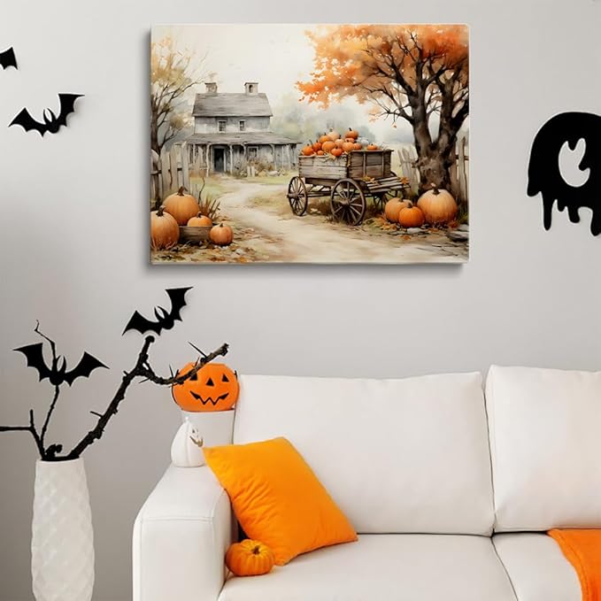 Framed Autumn Farmhouse Sketch posters Gallery Canvas Print Wall Art Vintage Farmhouse Decor Autumn Art Fall Landscape Pumpkin Decoration 16x24"framed