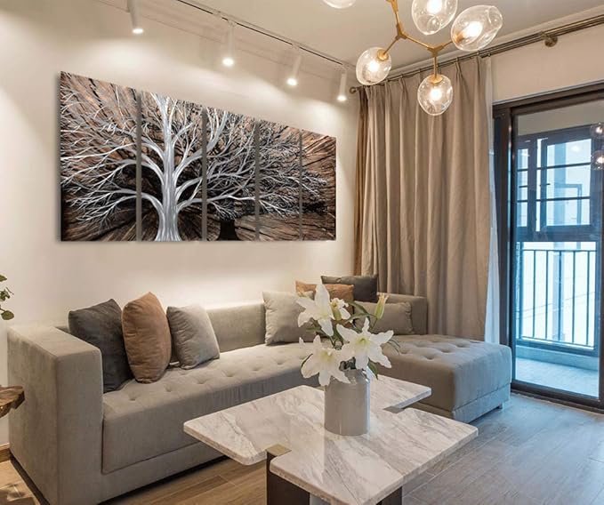Yihui Arts Tree of Life Metal Wall Art Set - Handcrafted 3D Aluminum Sculpture, Silver Couples Artwork for Home Decor - Perfect Living Room, Bedroom, or Office Accent