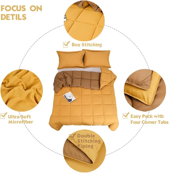 HIG 3-Piece Mustard Yellow Reversible Down Alternative Comforter Set Queen - Baffle Box Stitched Design - 4 Built-in Corner - Lightweight & Easy Fit - Premium Poly Filling - Fluffy, Warm, Soft