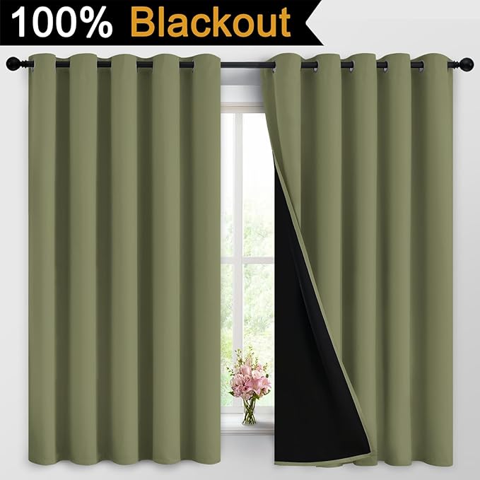 Yakamok 100% Blackout Window Curtain Panels, Heat and Full Light Blocking Drapes with Black Liner for Nursery,Thermal Insulated Draperies (Sage, 2 Pieces, 62Wx63L)