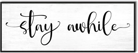 Stay Awhile Sign Wall Decor: 40''×15'' Farmhouse Kitchen Wall Art Print Rustic Framed Canvas Painting, Large Black Hanging Plaque for Dining Room Living Room Bedroom Home Decor