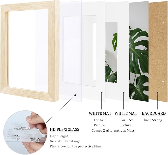 Egofine 5x7 Picture Frames Set of 4, Made of Solid Wood Covered by Plexiglass 3.5x5 and 4x6 with Mat or 5x7 without Mat, for Table Top Display and Wall Mounting Photo Frame Oak Wood
