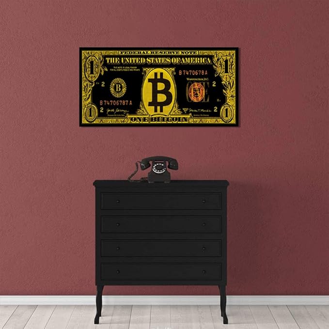 Black Golden Bitcoin Wall Art Canvas Paintings Modern Home Decor Money Artwork Vintage Nordic Western Paintings Wooden Framed Ready to Hang-32x16 inches