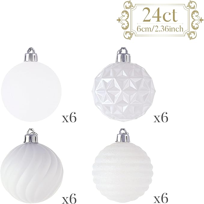 Valery Madelyn Christmas Ornaments Tree Decorations Set for Fall Halloween, 24ct White Shatterproof Ball Ornaments, 2.36" Hanging Ornament Bulk for Xmas Holiday Party Decor