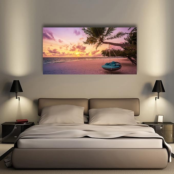 Purple Beach Palm Pictures Canvas Wall Art For Living Room Bedroom Wall Decor,Sunset Wall Art Print Paitnings For Home Decor,Morden Artwork Coconut Tree Canvas Art Ready To Hang-20x40Inches