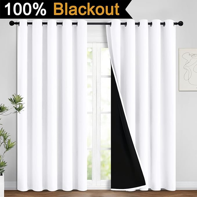 Yakamok 2 Thick Layers Pure White 100% Completely Blackout Curtains Thermal Insulated Room Darkening Drapes for Bedroom(62Wx96L, Pure White, One Pair)