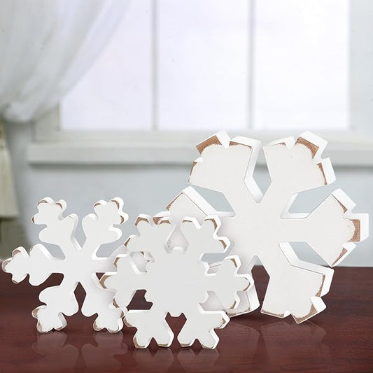 Bucherry 3 Pcs Winter Wooden Snowflake Decor Rustic Winter Snowflake Table Signs Wonderland Wood Blocks Farmhouse Christmas Tiered Tray Decorations for Xmas Table Shelf(Retro White)