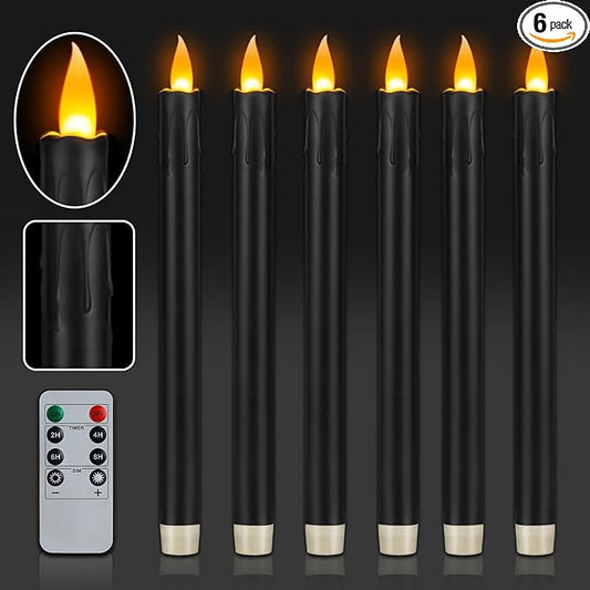 6 Pcs Black Flameless Taper Candles with Remote, 10" Tall Electric Led Candlesticks, Plastic Battery Operated Taper Candles for Halloween Dinner Party Wedding Birthday Home Décor(Black Drip)