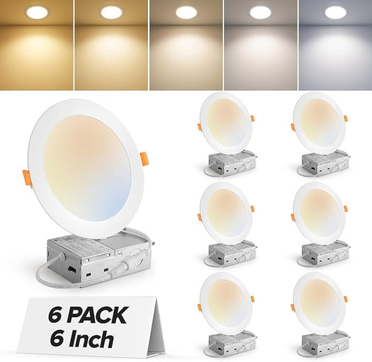 MAILCOS 6 Pack 6 Inch 5CCT Ultra-Thin LED Recessed Ceiling Light with Junction Box, 2700K-5000K Selectable, 1050LM High Brightness, Dimmable Canless Wafer Downlight, 12W 120V, ETL