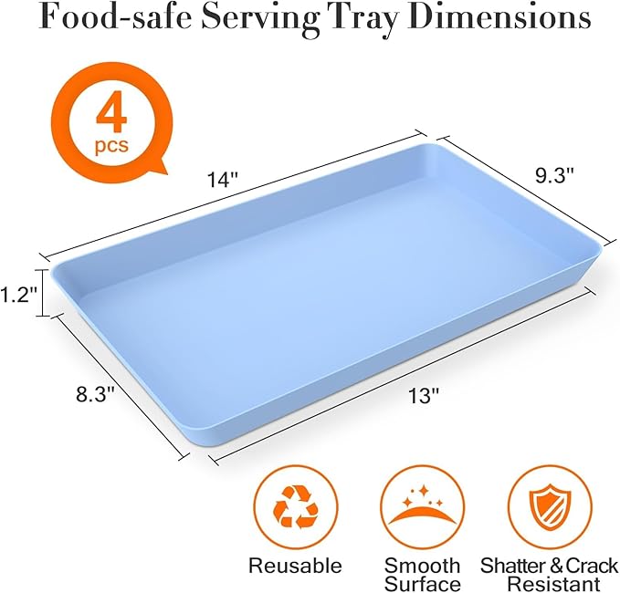 WOWBOX 4 pcs Serving Tray for Entertaining, Serving Platters for Snacks, Fruit, Cookies, Dessert, Reusable Plastic Trays for Serving Food and Pantry Organization in Kitchen & for Parties, (Blue)