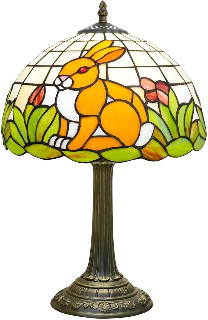 Uniquel Cute Brown Rabbit Tiffany Lamp Retro Style Stained Glass Table Lamp Vintage Aesthetic Bedside Lamps for Bedroom Nightstand Night Stand Lighting Reading Unusual Kids Decor Desk Lamp 12 Inch