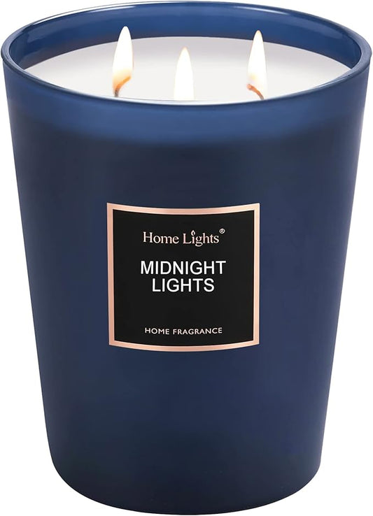 HomeLights Highly Scented Soy Candles Big 33.3 oz for Home. 3 Cotton Wicks, Smokeless Long Lasting 130 hrs in Midnight Lights. 5x6, Great Gift for Women & Men
