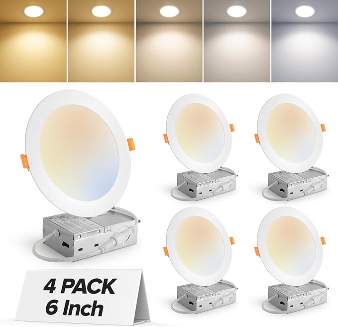 MAILCOS 4 Pack 6 Inch 5CCT Ultra-Thin LED Recessed Ceiling Light with Junction Box, 2700K-5000K Selectable, 1050LM High Brightness, Dimmable Canless Wafer Downlight, 12W 120V, ETL