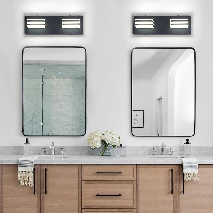 Black LED Vanity Light Fixtures 12W Bath Wall Lighs over Sink 2 Light Bathroom Mirror Lighting 14 Inch Vanity Sconces Modern Restroom Light Fixture Wall Lighting for Mirror in Bathroom Powder Room