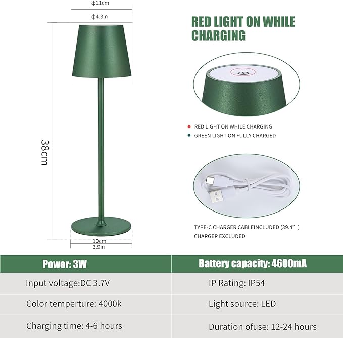 2Pack Cordless Table Lamps USB Rechargeable Simplicity Desk Lamp Built-in 4600 mAh Battery LED Battery Operated lamp with Touch Control Table lamp - Bedroom/Desk/Reading/Patio(Green)